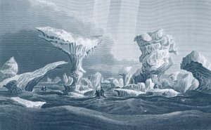 Łodzie w falach wśród lodu, 24 sierpnia 1826, z „Narracji o drugiej wyprawie na wybrzeże Morza Polarnego w latach 1825-27” autorstwa sir Johna Franklina (1786-1847) rytowanego przez Edwarda Findena (1